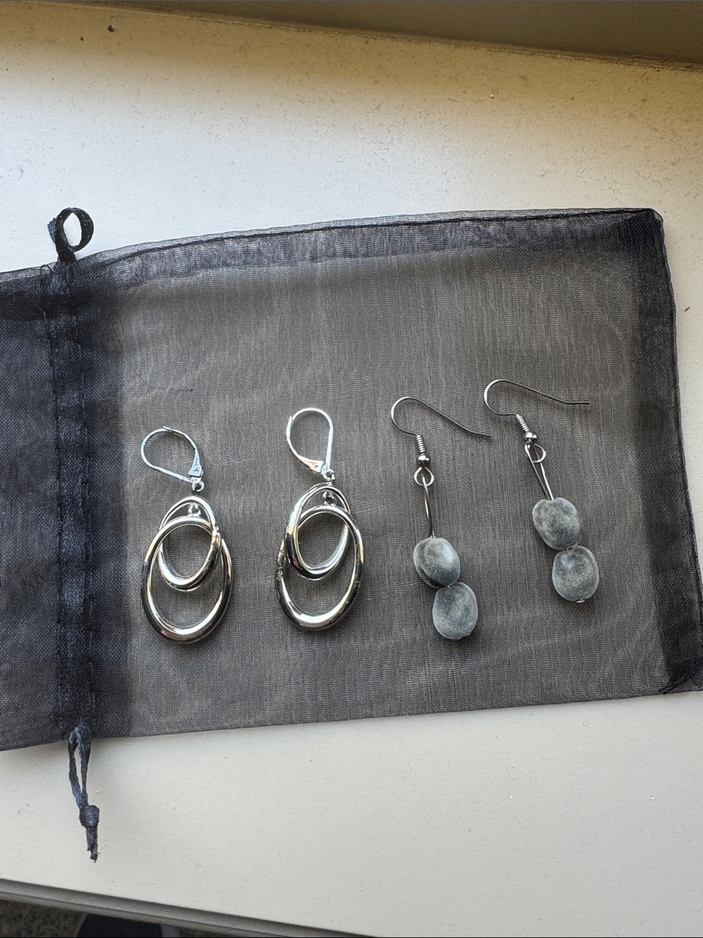 $5 if bundled - Silver Tone Oval Drop Earrings Set - Two Pairs